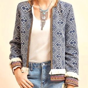 Women’s SHEIN Blue Fringe Trim Tribal Jacket-M